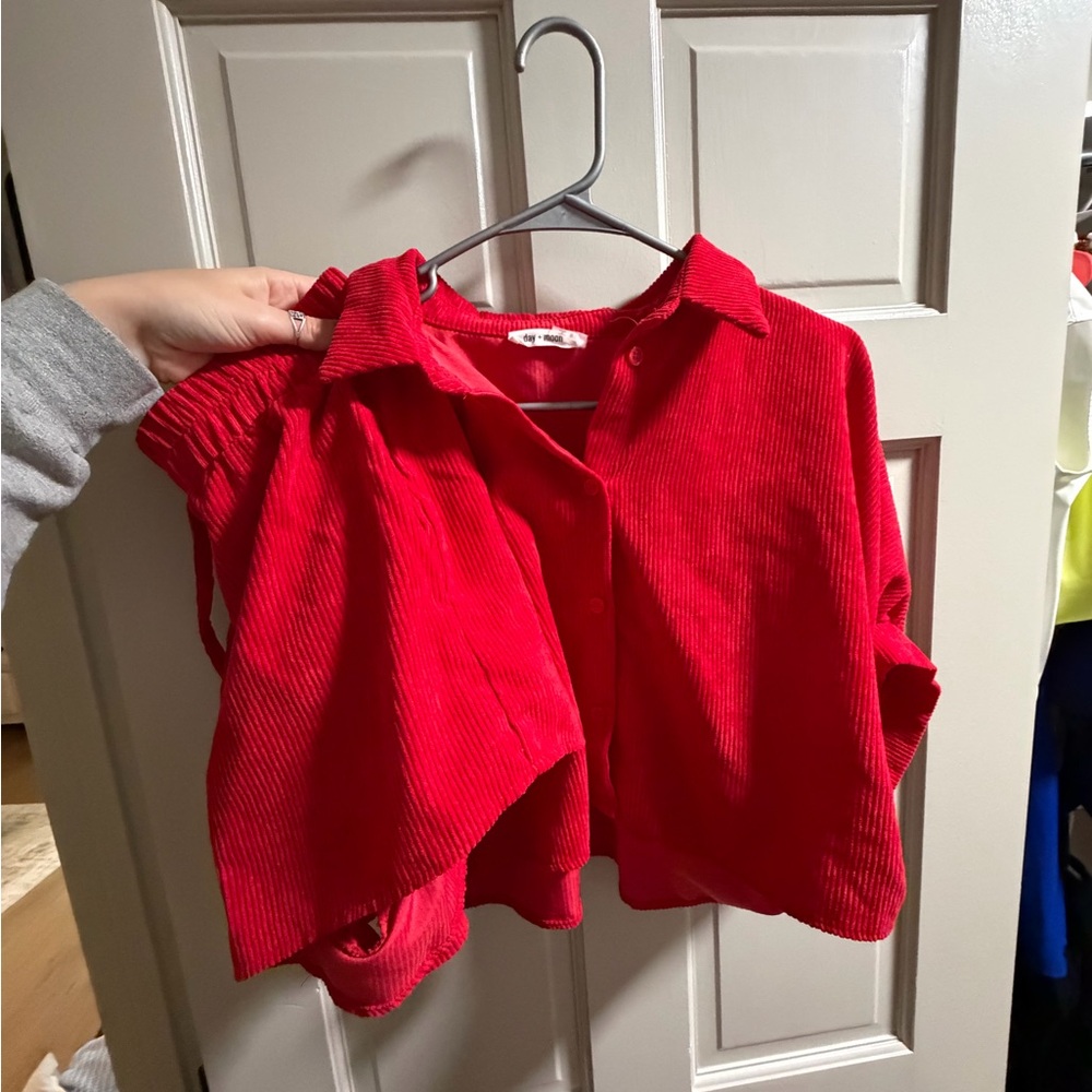 Vibrant Red Corduroy Button-Up Shirt and shorts